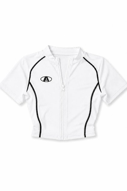 A Embroidered White Zippered Embroidered Stand Collar Lycra Short Sleeve 100% Cotton Crop Blouse with Piping Detail