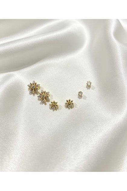 Altın Kaplama Çiçek Model Zirkon Taşlı 3 lü Küpe Seti - Paslanmaz Çelik
