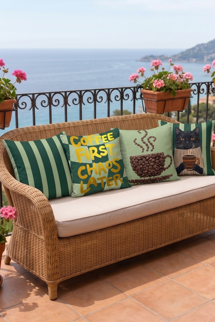 Set of 4 Coffee and Cat Themed Decorative Throw Pillow Covers 43X43 cm Double-Sided Green Combination