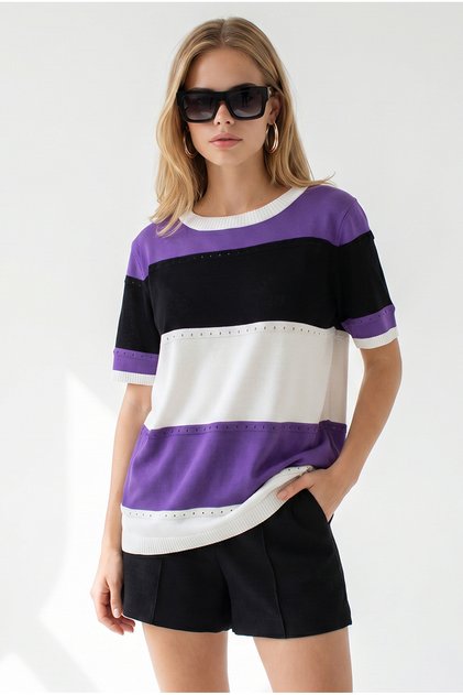 Women's Purple Color Block Mercerized Flowy Knitwear Blouse Blz-19002640