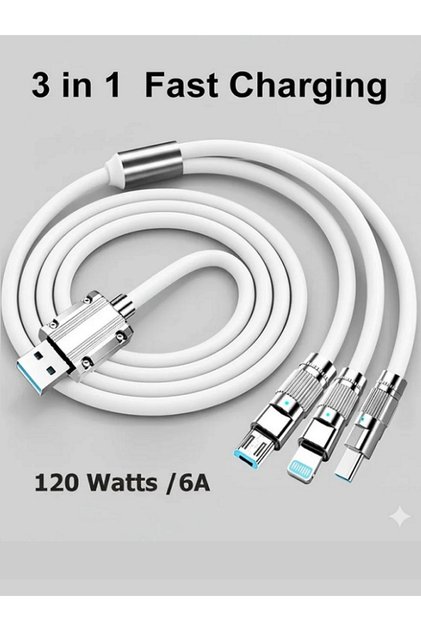 Süper Hızlı 120w Hızlı Şarj Destekli 3in1 Çelik Uçlu Çoklu Şarj Kablosu Beyaz