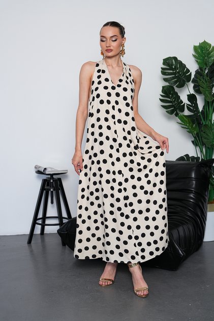 Halter Neck Backless Polka Dot Long Dress