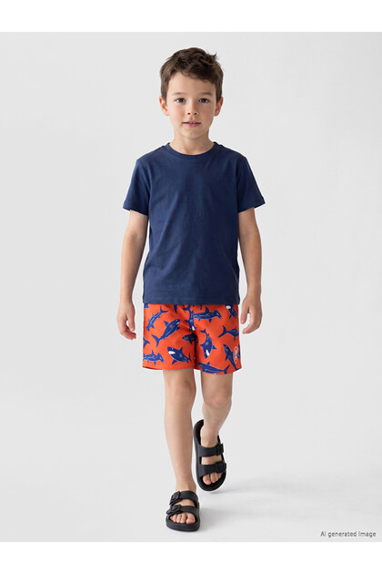 Orange Elastic Waist Printed Boys' Swimming Shorts