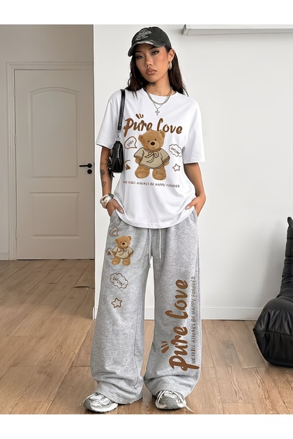 Unisex Women's Men's Pure Love Bear Printed Oversized Tshirt and Baggy Sweatpants - Summer Two-Piece Tracksuit Set
