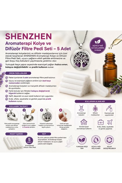 Shenzhen Aromatherapy Necklace and Diffuser Filter Pad Set – 5 Colorful Felt Replacement Filters | Compatible for Essential Oils, Replaceable 10 cm X 0.5 cm