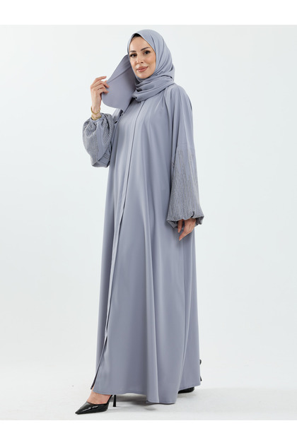 Saye Dubai Şallı Kolu Taşlı Abaya Takım Gri- 1022