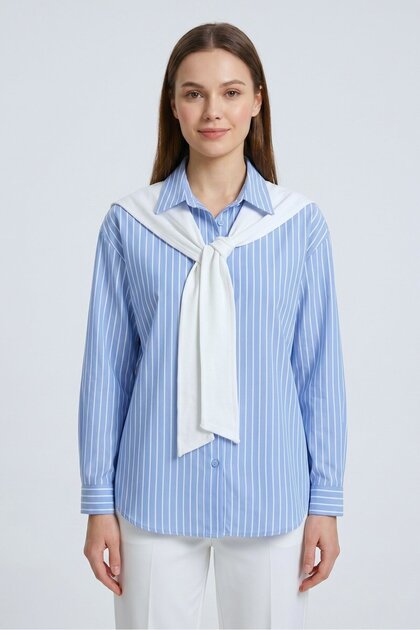 Blue Striped Oversize Fit White Roba Detailed Shirt
