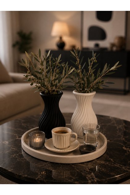 Dekoratif Modern Çizgili 2'li Vazo 13 cm - Siyah & Beyaz Minimal Masa Üstü Çiçek Vazosu