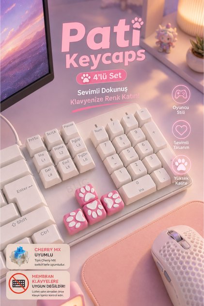 Sevimli Kedi Patili Keycaps 4'lü Set - Cherry MX Uyumlu Mekanik Klavye Tuş Takımı