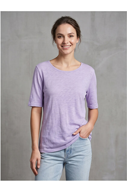 トップス Sol foodie purple M size Collezione Kadın Sol Göğüs Cepli Oval Yaka Slub Örme Rahat Kalıp