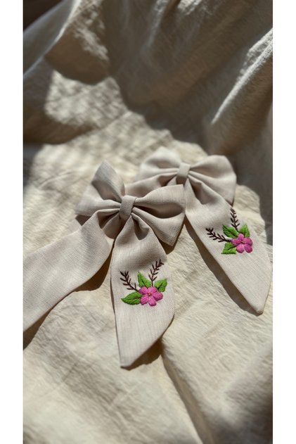 Pink Flower Embroidered Beige Bow Hair Clip |   Handmade Fabric Ribbon Buckle |   Girls & Women
