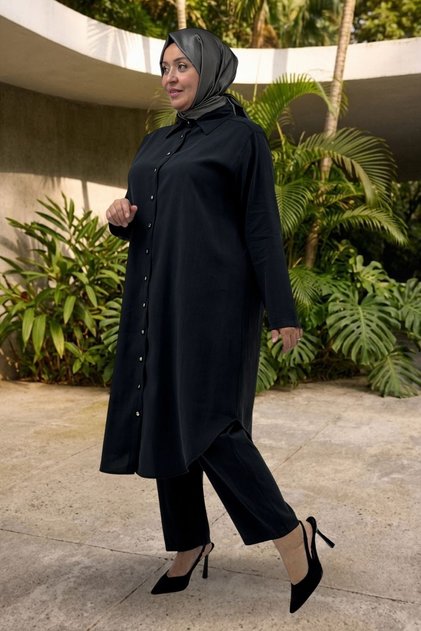 67059 Plus Size Buttoned Cupra Pants Suit - Black
