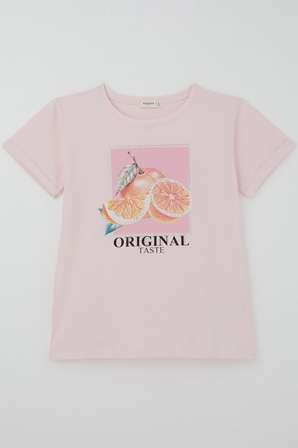 Girl's Short Sleeve T-Shirt with Citrus Print and Stone Accessories, Ages 10-16, Pink