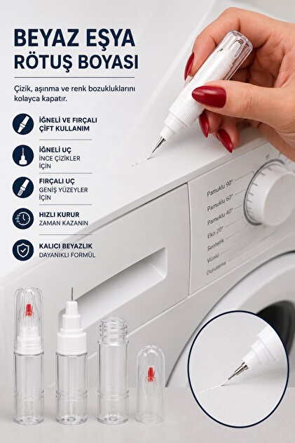 Beyaz Eşya Rötuş Boyası 20 ml - İğneli ve Fırçalı Çift Uçlu Buzdolabı Çamaşır Makinesi Fırın Bulaşık Makinesi Çizik Giderici