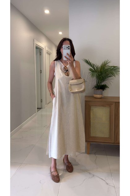 Pokles Stone Self-Patchwork Sleeveless Linen Dress