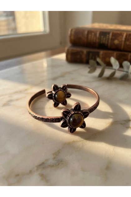 Tiger's Eye Natural Stone Embellished Copper Bracelet and Ring Set