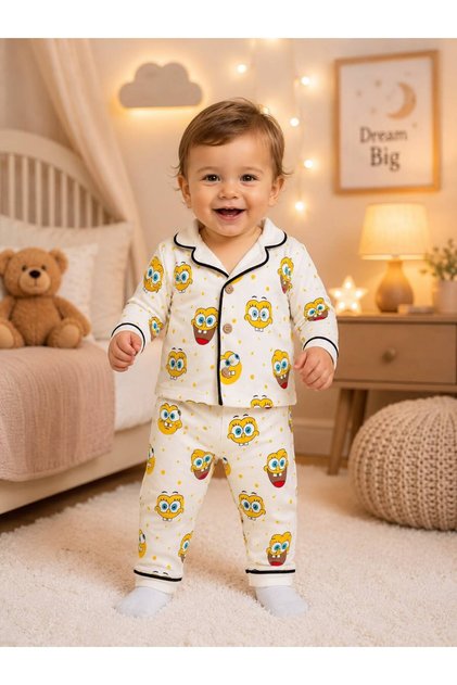 100% Cotton Long Sleeve Buttoned Seasonal Cute Character Patterned Soft Textured Bottom and Top Girls Boys Unisex Baby Pajama Set