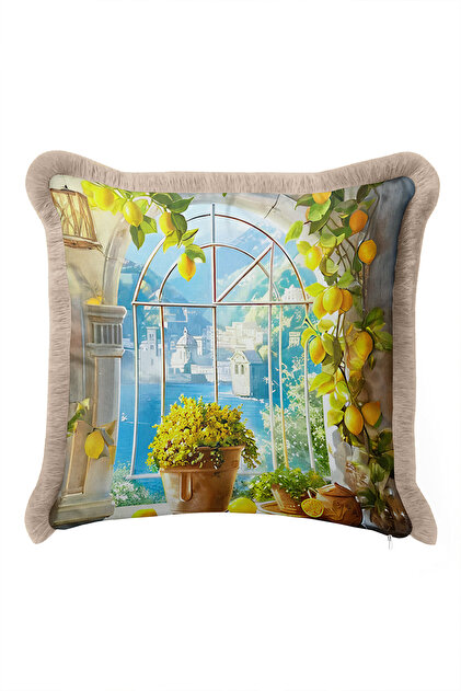 Mediterranean Lemon Garden View Spacious Fringed Pillowcase - Balcony Yellow Cream Tasseled Throw Pillow Cover