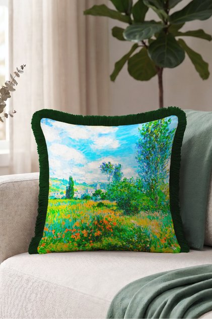 Landscape Flower Field Artistic Fringed Pillowcase - Blue Green Black Tassel Throw Pillow Cover