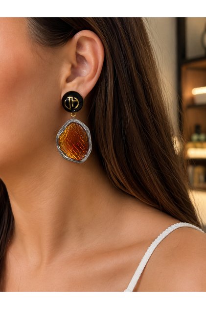 Women's Stainless Steel Gold Color Amber Looking Black Detail Hanging Earrings