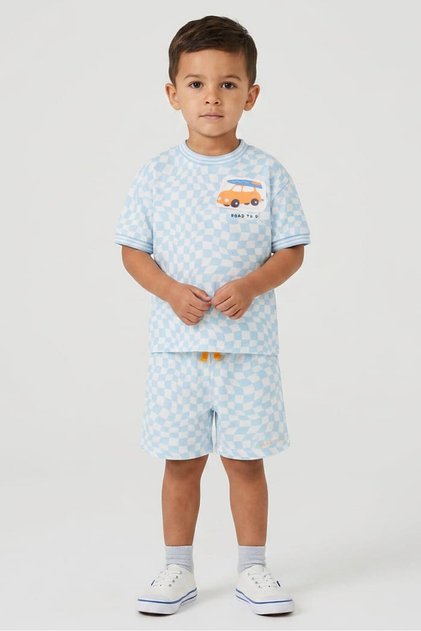 Toddlers Boy 3 Pieces Checkered T-Shirt And Short With Sunglasses Set, LIght Blue