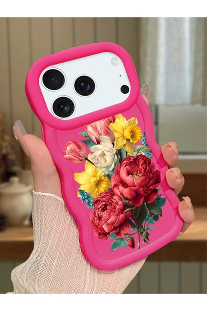 iPhone 17 Pro Max Compatible Case Camera Protector Red Silicone Couple Phone Case Floral Pattern