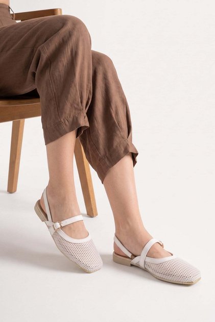Women's White Double-Strapped Mesh Short-Heeled Daily Comfortable Ballerinas