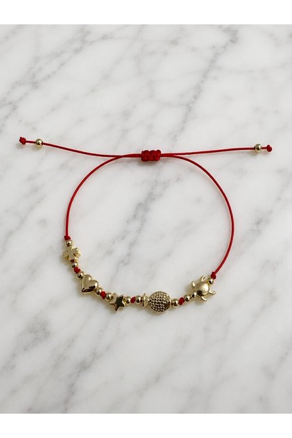 Gold Clover Heart Star Fish Turtle Figured Red String Lucky Bracelet Adjustable Non-Tarnish