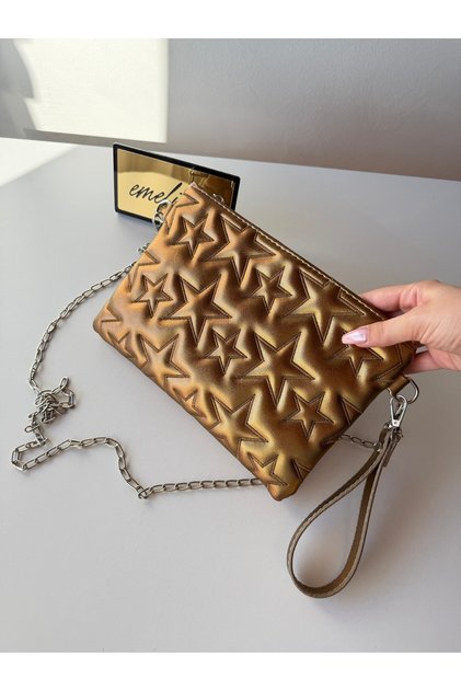 Women's Copper Star Embroidered Patterned Zippered Strap Evening Bag and Portfolio Handbag
