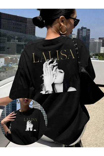 Black Pink Lalisa Printed Oversize Crew Neck Summer T-Shirt