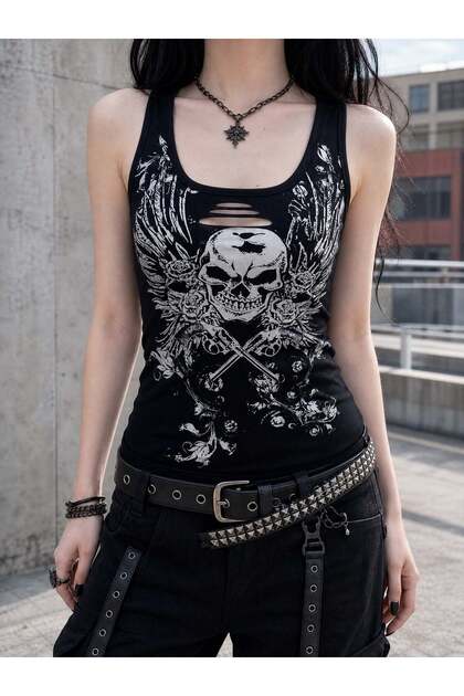 Gothic Skull Yırtık Yaka Detay Askılı Body Bluz