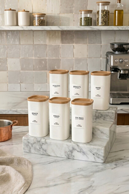 6-Piece Wooden Look Spice Jar Set with Labels and Leak-Proof Lids 350 ml