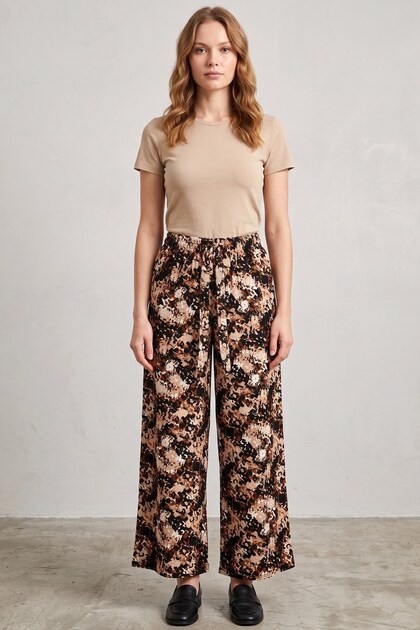 Women's Black Beige Patterned Wide-Leg Trousers - High-Waisted Atlas Pants