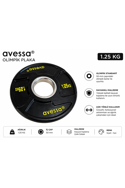 Olimpik Plaka 1.25 KG - 50 MM - Olimpik Standart - Dayanıklı Kauçuk Kaplama