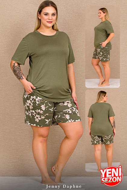 Large Size Women's Viscose Shorts Pajamas Set Khaki Floral Patterned Short Sleeve Crew Neck Relaxed Cut Pajamas Set 10447