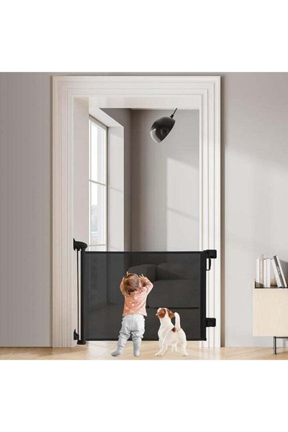 Auto Close Safety Baby Gate, 150cm*86cm for Stairs, Retractable for Doorway, Kids or Pets, Indoor and Outdoor Dog Gates - Black