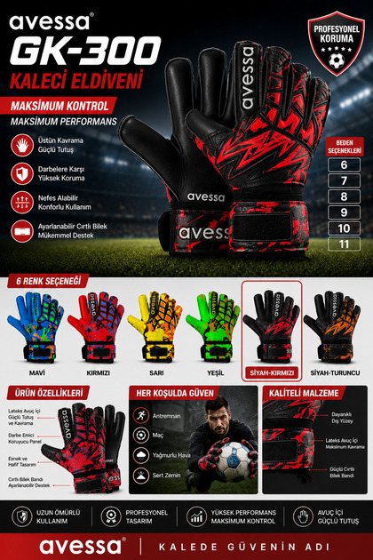 GK-300 Profesyonel Kaleci Eldiveni Latex Avuç İçi Futbol Kaleci Eldiveni 6-7-8-9-10-11 Numara 6 Renk Seçeneği