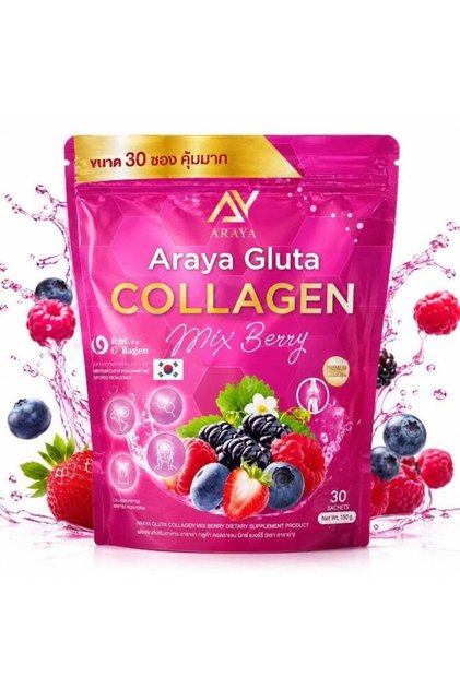 Arayarser Araya Gluta Collagen Powder Mix Berry 30 Sachets Korean Collagen Peptide Drink with Vitamin C E and Biotin 150g