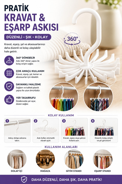 2'li Kemer Askısı 20 Kancalı Dolap İçi Düzenleyici | Kravat, Eşarp, Şal ve Fular Organizer Askısı | 360° Dönebilen Askılık