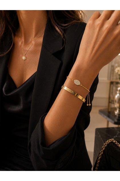 Çelik 2 li Kadın Bileklik Kombin / Zirkon Taşlı Asansörlü Oval Model / Kelepçe Model / Gold Renk