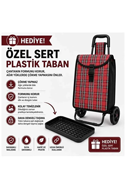 Su Geçirmez Ekose Pazar Arabası 29 Lt Geniş Hacimli Özel Sert Taban Destekli Alışveriş Arabası