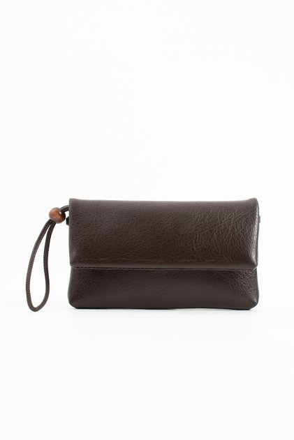 Brown Women's Zippered Portfolio Bag with Chain and Wrist Strap