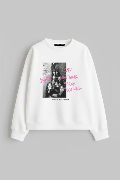 Shh Know Nothing Printed Hoodless Relaxed Fit Women's White Sweatshirt