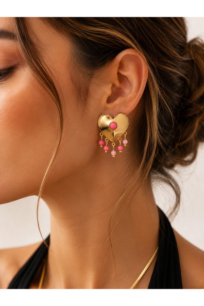 Pembe Taşlı Kalp Figürlü Sallantılı Gold Kadın Küpesi | Vintage Tasarım