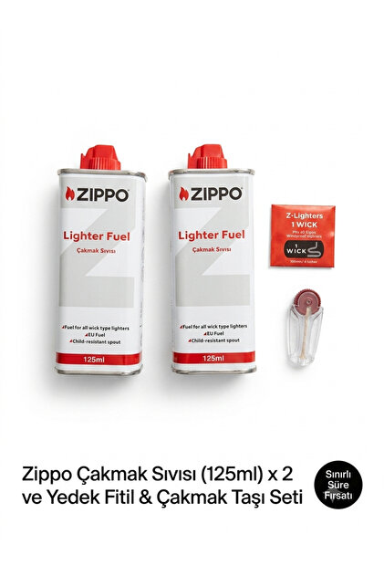 Orijinal Çakmak Yakıt Seti 2x125 ml + Fitil + Taş | Çakmak Sıvısı Bakım Kiti | Zippo, Ibelo, Dupont Uyumlu