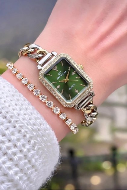 Women's Wristwatch Green Dial Chain Cord Stone Detailed Square Case Bracelet Gift Analog Women's Watch