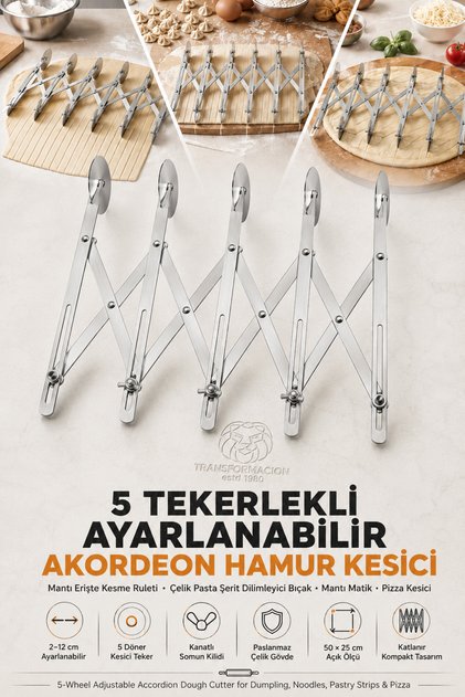 5 Tekerlekli Ayarlanabilir Akordeon Hamur Kesici Mantı Erişte Kesme Ruleti Profesyonel Paslanmaz Çelik Pasta Şerit Dilimleyici Bıçak Mantı Matik Pizza Kesici 723414