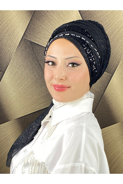 TESETTÜR PAYETLİ EL İŞLEME BONCUK DETAYLI ABİYE BONE ŞAL