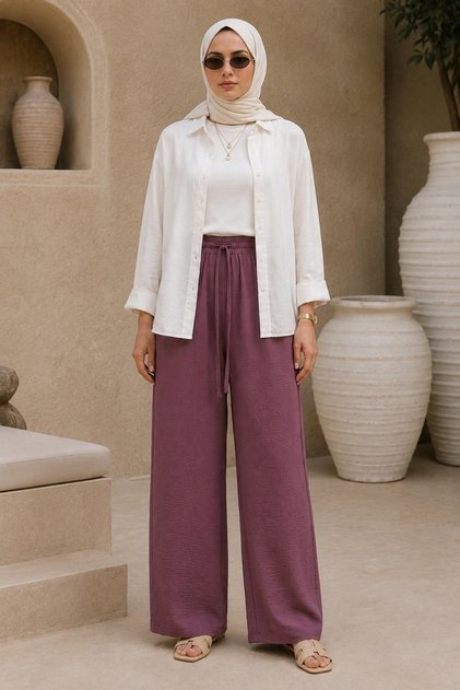 Vera Elastic Waist Wide Leg Pants, Plum Standard