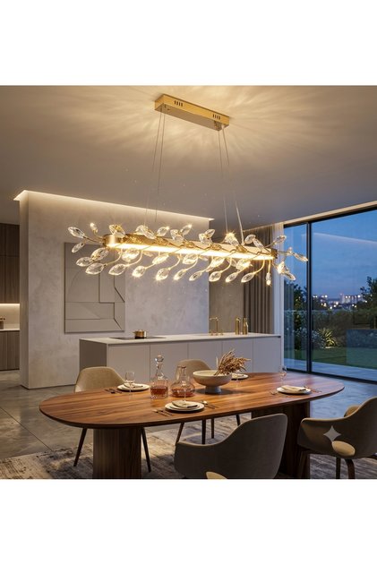 Kalp Kristal Güneş Masaüstü LED Avize - 120 cm Gold Oval Lüks Yemek Masası Sarkıt Avize